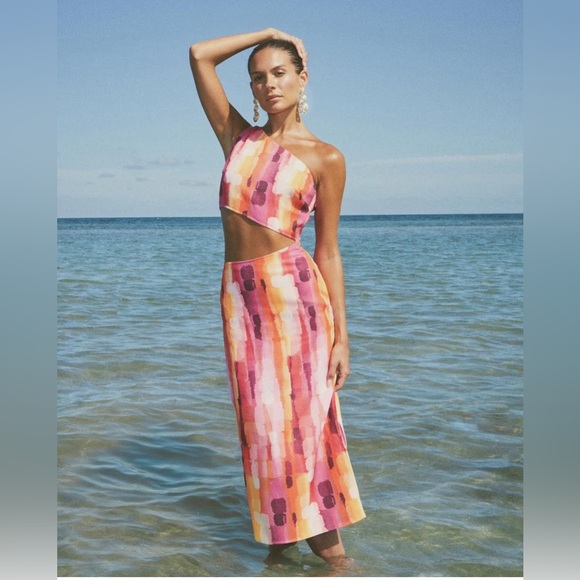 Lulus Luminous Vibes Hot Pink Abstract One-Shoulder Cutout Midi Dress XL New - Picture 2 of 16